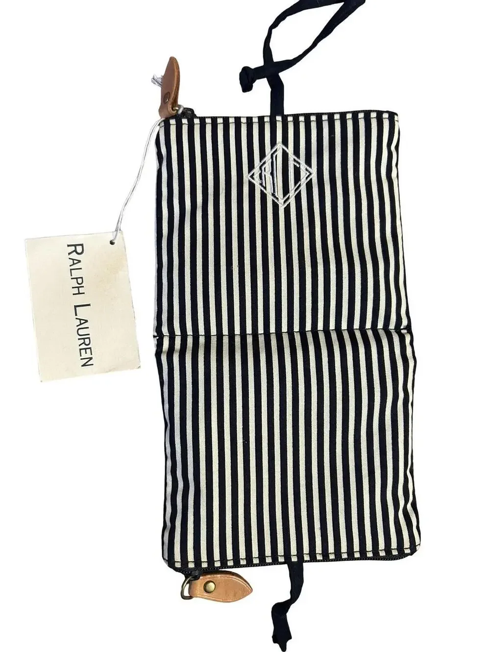 Vintage Ralph Lauren RL Monogram Black Cream Stripe‎ Fold Travel Organizer Pouch